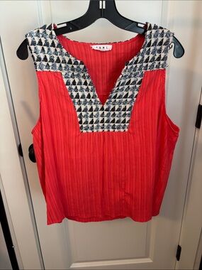 THML Coral Red Sleeveless Tank with Blue and-White Houndstooth Trim